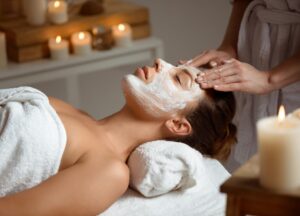 A woman is enjoying facial treatment.