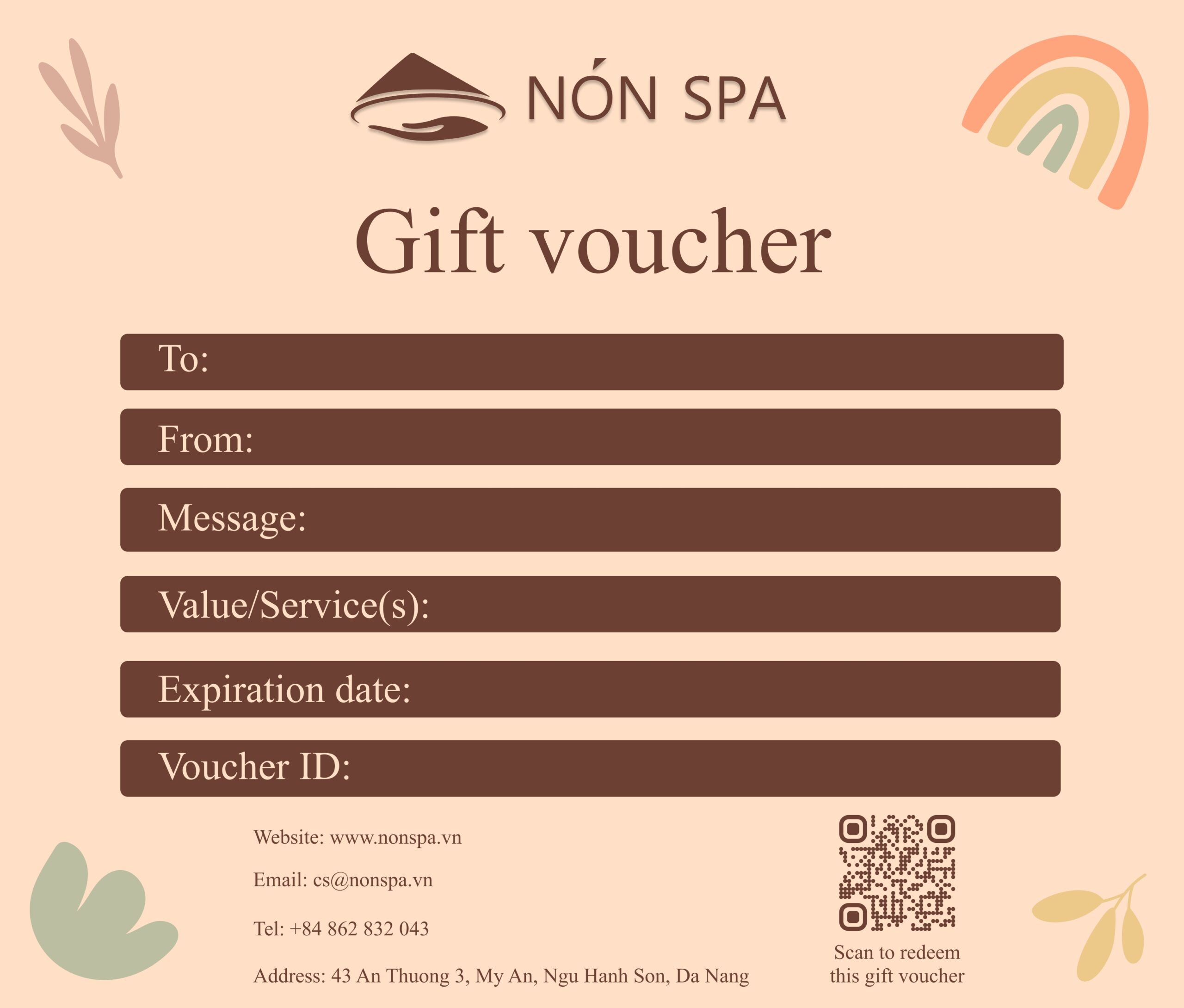 A gift voucher with information about receiver, sender, message from sender, value, expiration date and contact information of Nón Spa